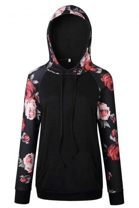 Women Hoodies Autumn Floral Printed Patchwork Long Sleeve Drawstring Hooded Casual Sweatshirt Black