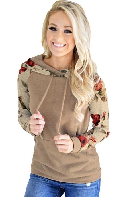 Women Hoodies Autumn Floral Printed Patchwork Long Sleeve Drawstring Hooded Casual Sweatshirt Khaki