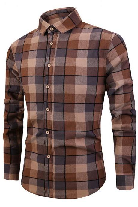  Men Plaid Printed Shirt Autumn Long Sleeve Buttons Single Breasted Casual Slim Fit Shirt brown