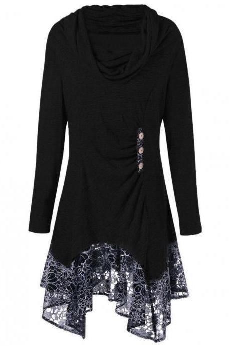 Women Asymmetrical Dress Autumn Long Sleeve Patchwork Lace Button Plus Size Casual Dress Black