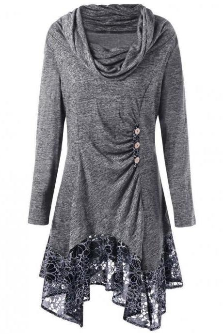 Women Asymmetrical Dress Autumn Long Sleeve Patchwork Lace Button Plus Size Casual Dress Gray