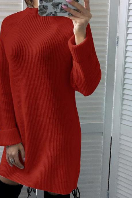 Women Sweater Dress Autumn Winter Turtleneck Long Sleeve Knitted Casual Mini Dress red