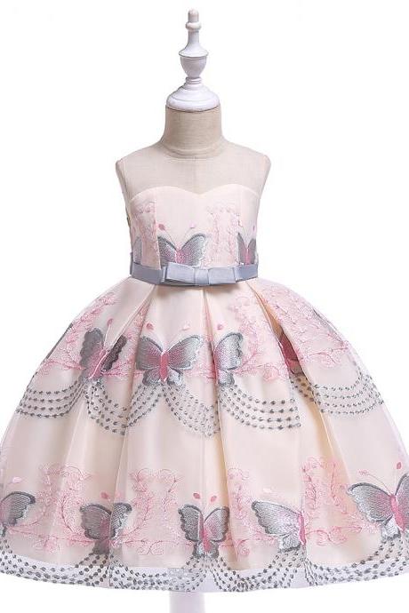 Butterfly Embroidery Flower Girls Dress Princess Party Pageant Formal Birthday Gown Kids Children Clothes gray
