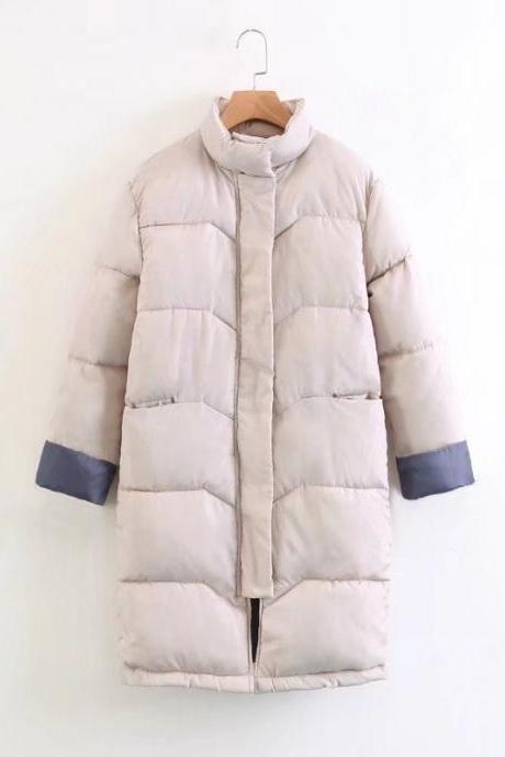 Women Down Cotton Coat Autumn Winter Warm Parka Long Sleeve Casual Loose Long Jacket Outerwear apricot