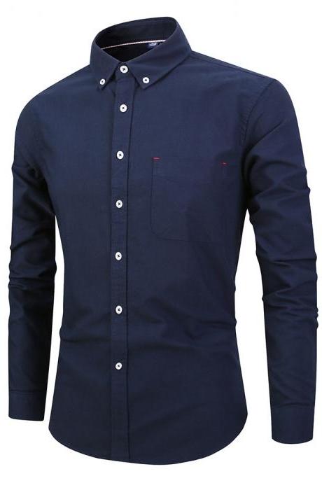Men Shirt Fashion Long Sleeve Turn-down Collar Button Solid Cotton Casual Slim Fit Business Shirt navy blue