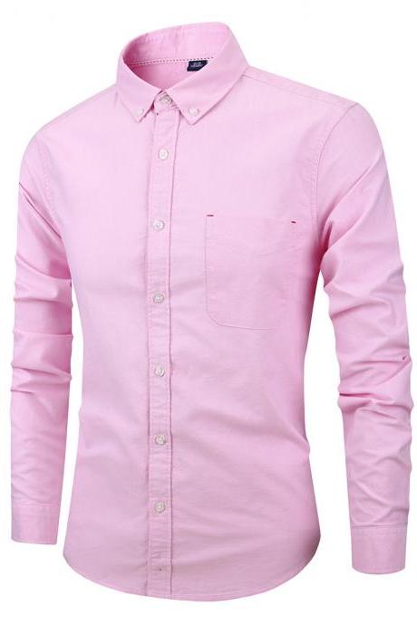 Men Shirt Fashion Long Sleeve Turn-down Collar Button Solid Cotton Casual Slim Fit Business Shirt pink