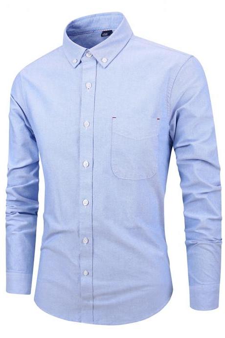  Men Shirt Fashion Long Sleeve Turn-down Collar Button Solid Cotton Casual Slim Fit Business Shirt sky blue