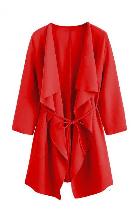Women Trench Coat Spring Autumn 3/4 Sleeve Belted Open Stitch Streetwear Casual Jacket Outerwear red