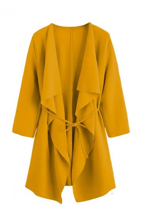 Women Trench Coat Spring Autumn 3/4 Sleeve Belted Open Stitch Streetwear Casual Jacket Outerwear yellow