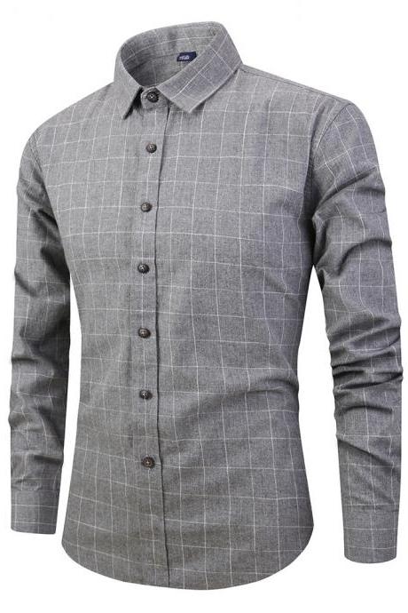  Men Plaid Shirt Spring Autumn Single Breasted Long Sleeve Cotton Slim Fit Casual Shirt gray