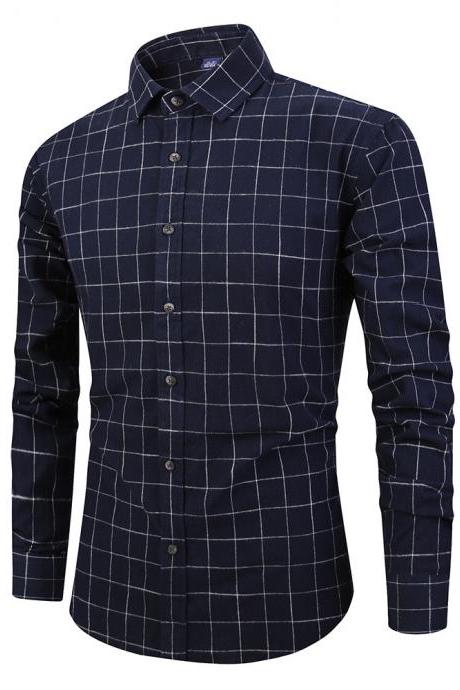 Men Plaid Shirt Spring Autumn Single Breasted Long Sleeve Cotton Slim Fit Casual Shirt navy blue