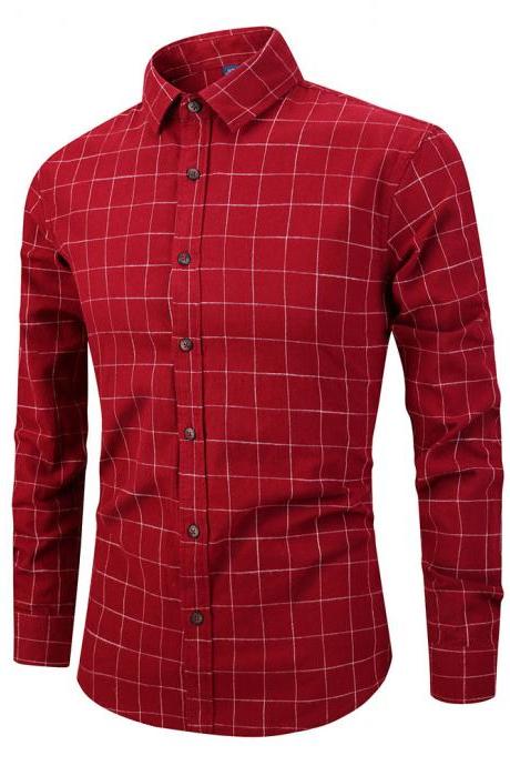  Men Plaid Shirt Spring Autumn Single Breasted Long Sleeve Cotton Slim Fit Casual Shirt red