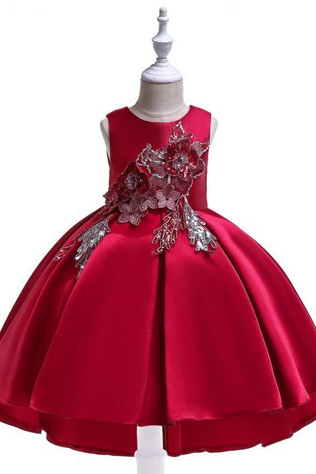 Embroidery Flower Girl Dress Trailing High Low Satin Formal Birthday Princess Party Gown Children Clothes crimson