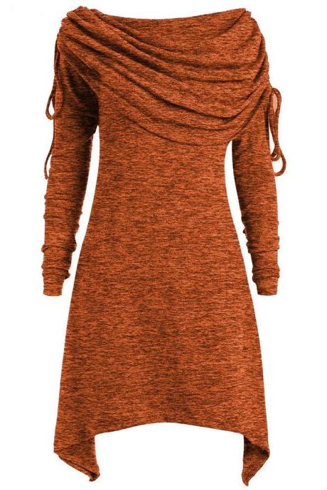 Women Asymmetric Sweatshirt Autumn Ruffles Casual Long Sleeve Slim Hoodie Pullovers Tops orange