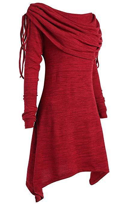 Women Asymmetric Sweatshirt Autumn Ruffles Casual Long Sleeve Slim Hoodie Pullovers Tops Red