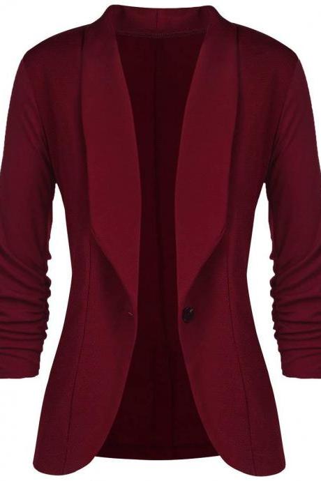  Women Blazer Coat Autumn Long Sleeve Single Button Office OL Business Slim Suit Jacket wine red