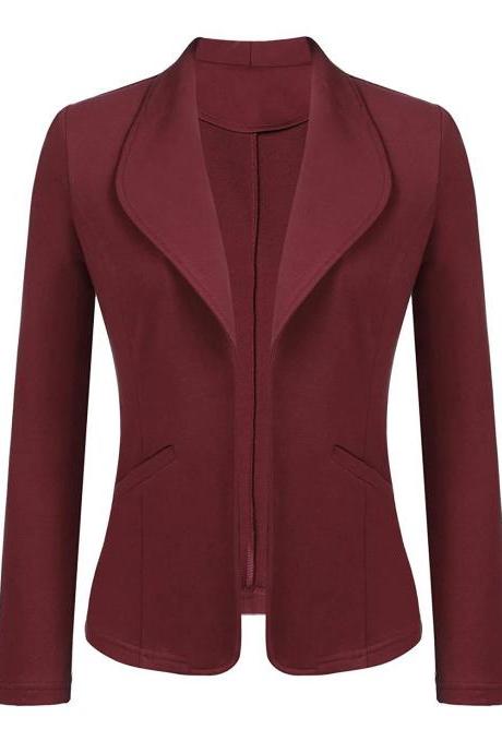  Women Blazer Coat Autumn Long Sleeve Work Office Casual Cardigan Slim Suit Jacket Outwear wine red