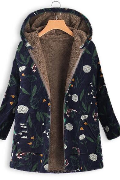  Women Fleece Coat Autumn Winter Warm Printed Long Sleeve Thicken Casual Hooded Jacket Outwear 2#