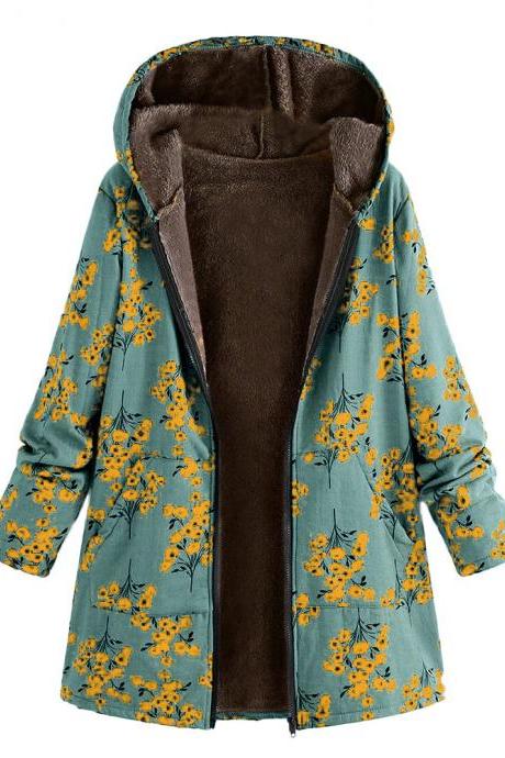  Women Fleece Coat Autumn Winter Warm Printed Long Sleeve Thicken Casual Hooded Jacket Outwear 4#