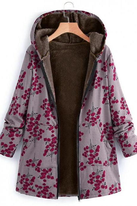  Women Fleece Coat Autumn Winter Warm Printed Long Sleeve Thicken Casual Hooded Jacket Outwear 6#