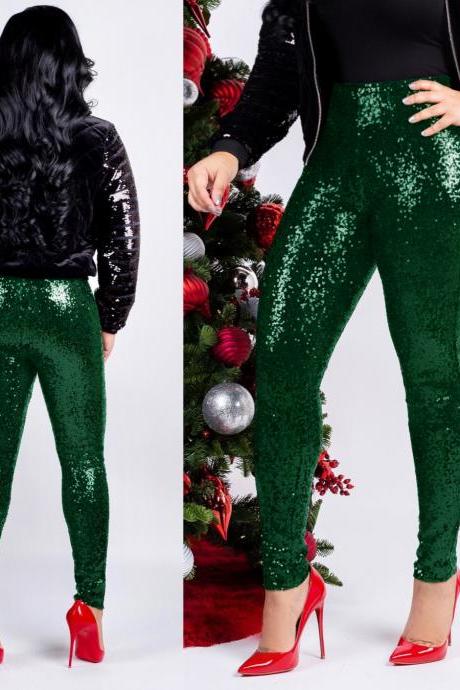 Women Sequined Pencil Pants With Lining Sexy Skinny Slim Night Club Party Trousers green