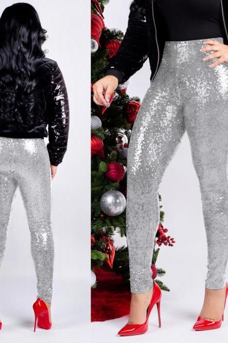 Women Sequined Pencil Pants With Lining Sexy Skinny Slim Night Club Party Trousers red