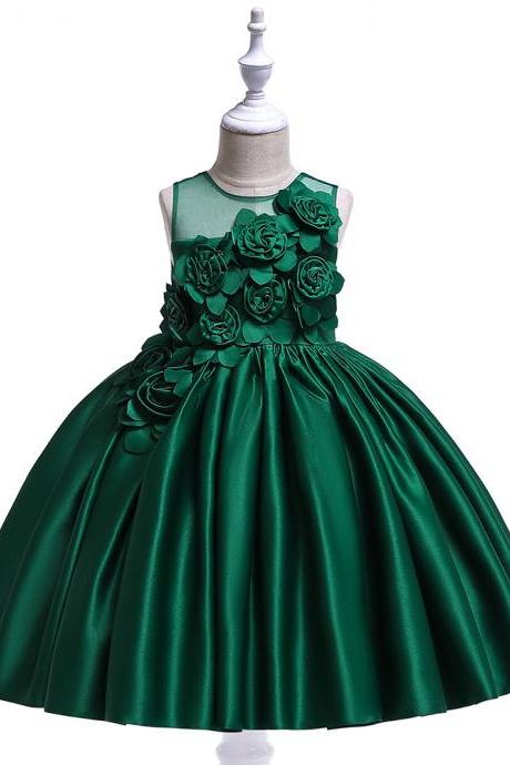 Satin Flower Girl Dress Sleeveless Wedding Formal Birthday Princess Party Tutu Gowns Children Kids Clothes hunter green