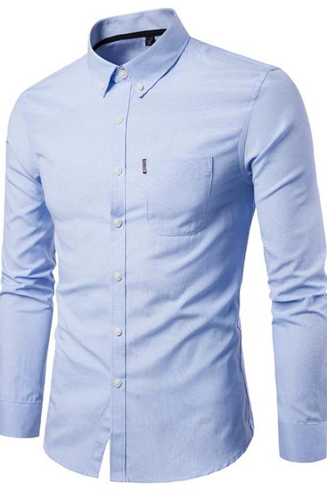 Men Shirt Spring Autumn Long Sleeve Turn-down Collar Single Breasted Plus Size Business Formal Casual Slim Fit Shirt light blue