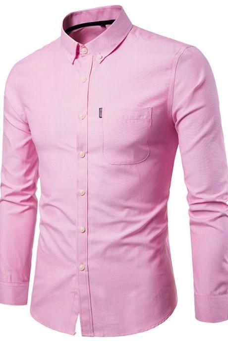 Men Shirt Spring Autumn Long Sleeve Turn-down Collar Single Breasted Plus Size Business Formal Casual Slim Fit Shirt Pink