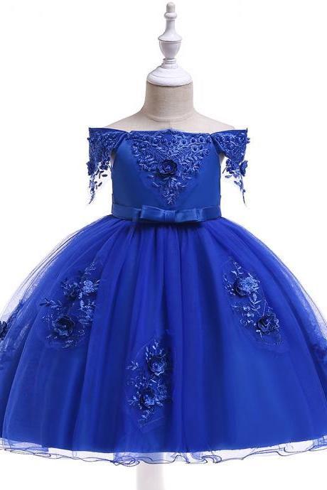  Off Shoulder Flower Girl Dress Lace Formal Birthday Dance Princess Party Tutu Gowns Children Clothes royal blue