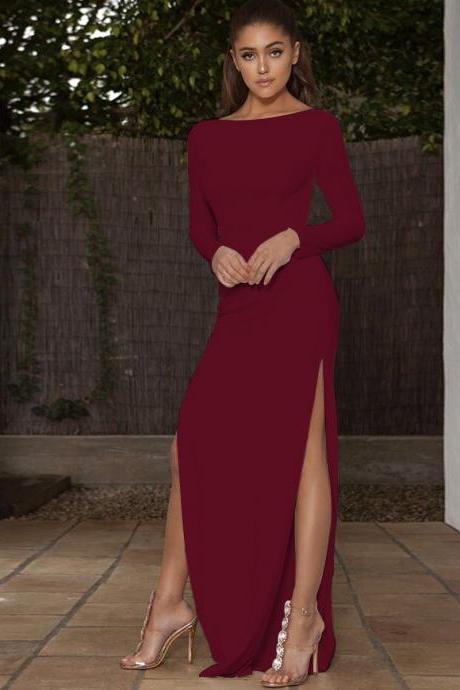  Women Slim Maxi Dress Sexy Long Sleeve Backless Split Bodycon Long Night Club Party Dress wine red
