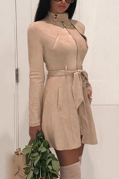 Women Faux Suede Trench Coat Spring Autumn Long Sleeve Slim Belted Jacket Outerwear Khaki