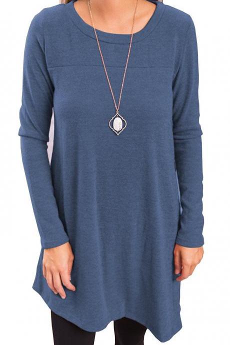  Women Asymmetricial Dress Autumn Long Sleeve Button Casual Loose Mini Dress blue