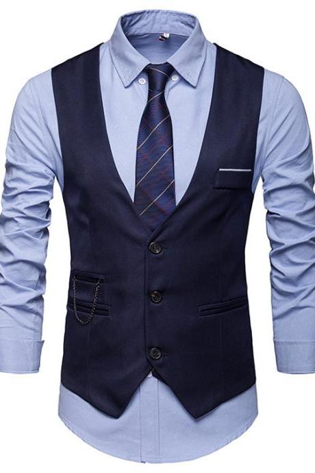  Men Slim Fit Waistcoat V Neck Suit Vest Casual Formal Business Sleeveless Jacket navy blue
