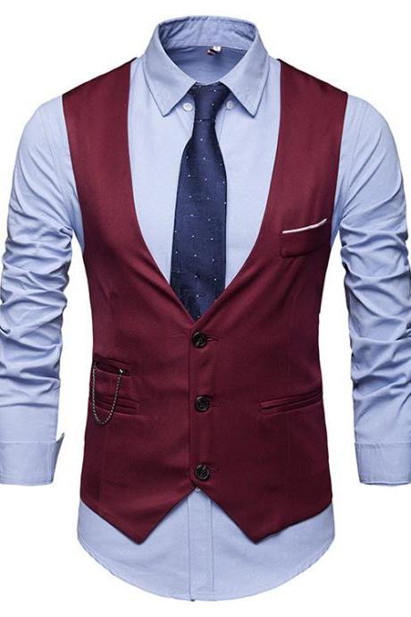 Men Slim Fit Waistcoat V Neck Suit Vest Casual Formal Business Sleeveless Jacket wine red