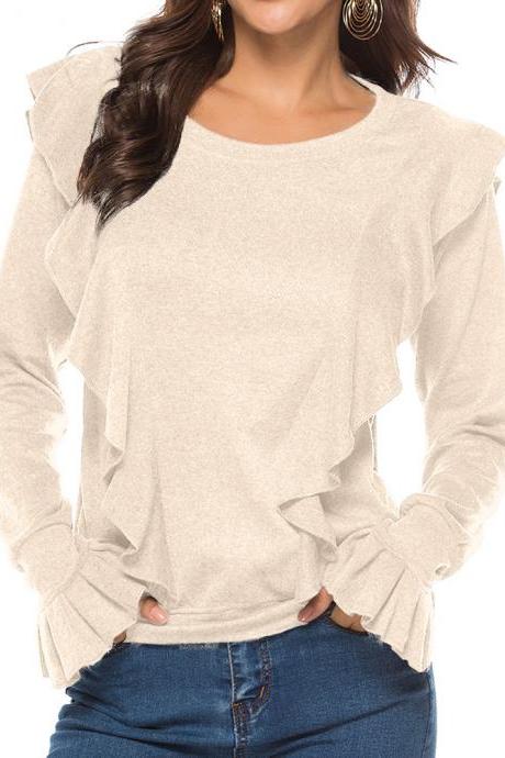 Women Long Sleeve T Shirt Autumn Winter Ruffles Flare Sleeve Casual Pullover Tops apricot