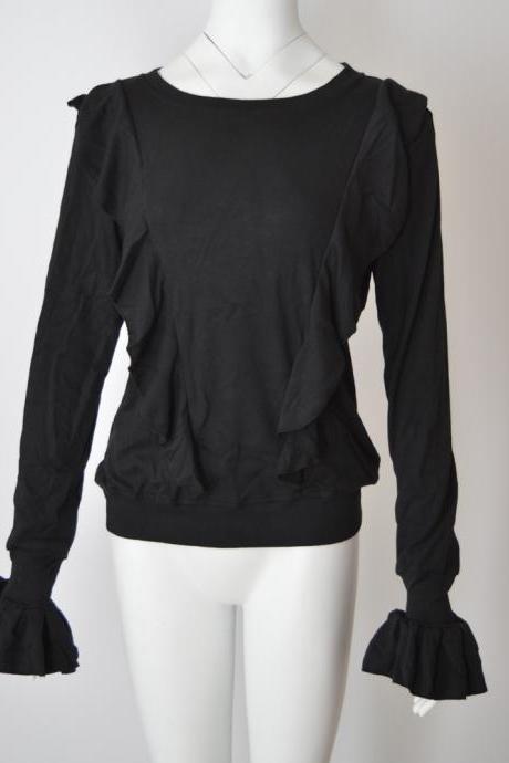 Women Long Sleeve T Shirt Autumn Winter Ruffles Flare Sleeve Casual Pullover Tops black