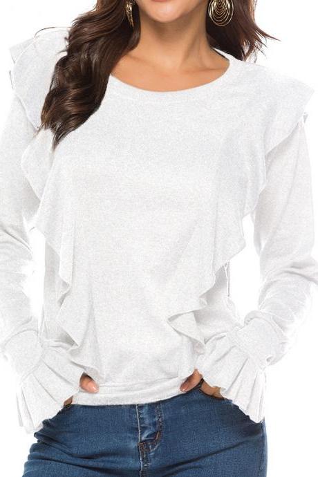  Women Long Sleeve T Shirt Autumn Winter Ruffles Flare Sleeve Casual Pullover Tops off white