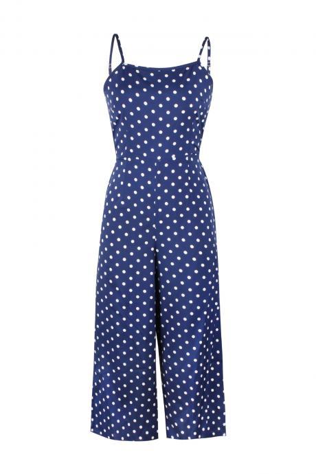  Women Polka Dot Jumpsuit Spaghetti Strap Sleeveless Backless Casual Wide Leg Pants Rompers Overalls navy blue