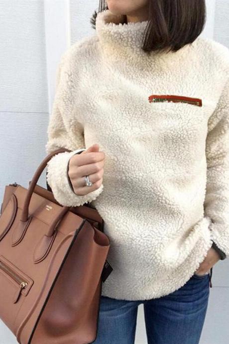  Women Fleece Tops Autumn Winter Warm Turtleneck Zipper Long Sleeve Casual Pullover apricot