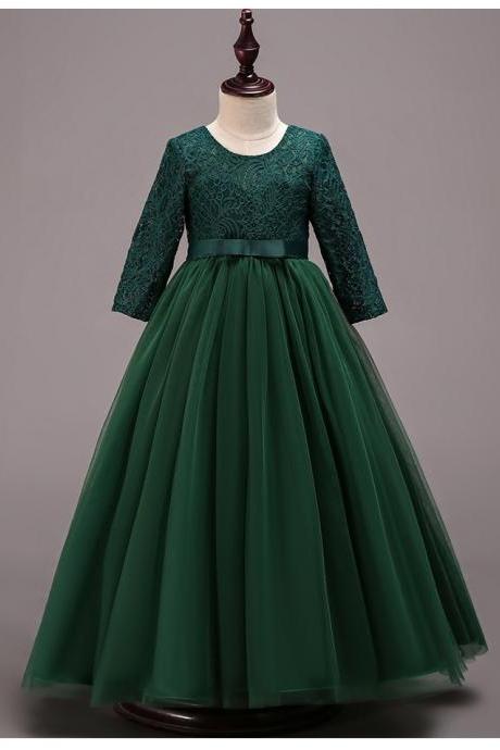 Long Sleeve Flower Girl Dress Lace Wedding First Communion Perform Party Gown Children Clothes hunter green