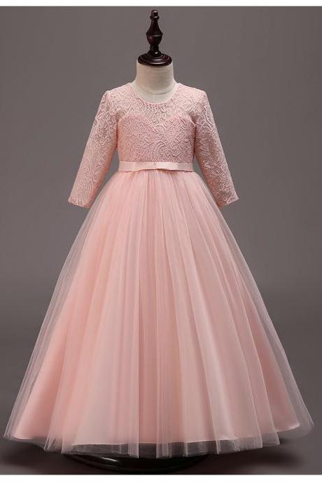 Long Sleeve Flower Girl Dress Lace Wedding First Communion Perform Party Gown Children Clothes salmon 