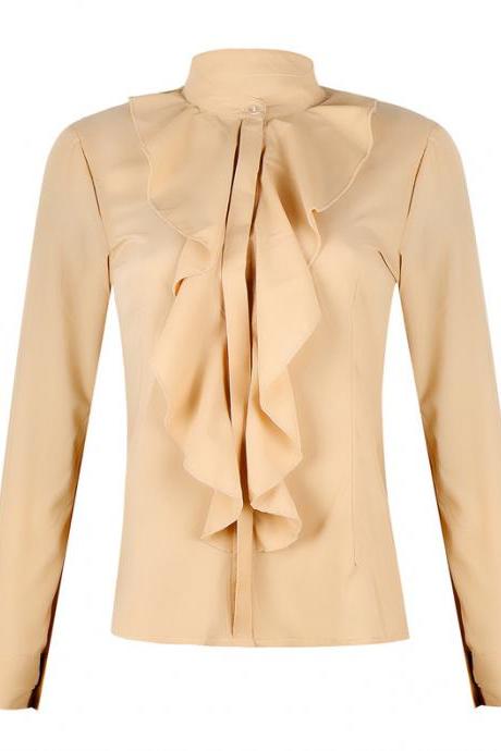 Women Blouse Spring Autumn Ruffles Long Sleeve Casual Slim Work Office OL Top Shirt apricot