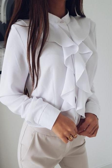 Women Blouse Spring Autumn Ruffles Long Sleeve Casual Slim Work Office OL Top Shirt off white