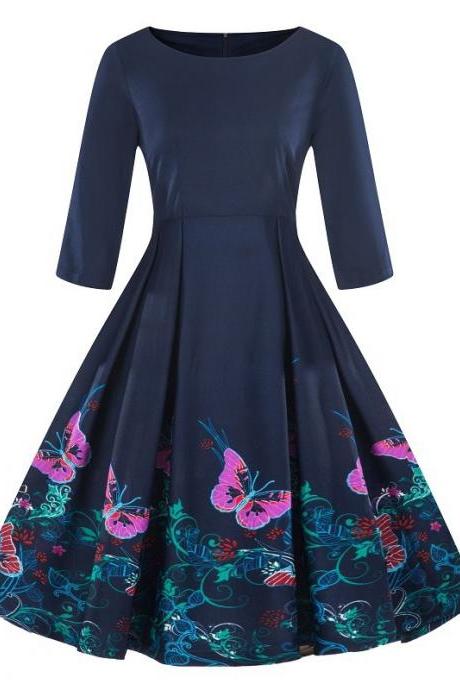 Women Floral Printed Dress Autumn 3/4 Sleeve Work Office Rockabilly A Line Party Dress7#