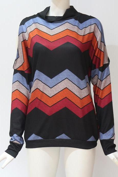 Women Knitted Sweater Off Shoulder Long Sleeve Casual Loose Turtleneck Geometric Printed Pullover Tops black