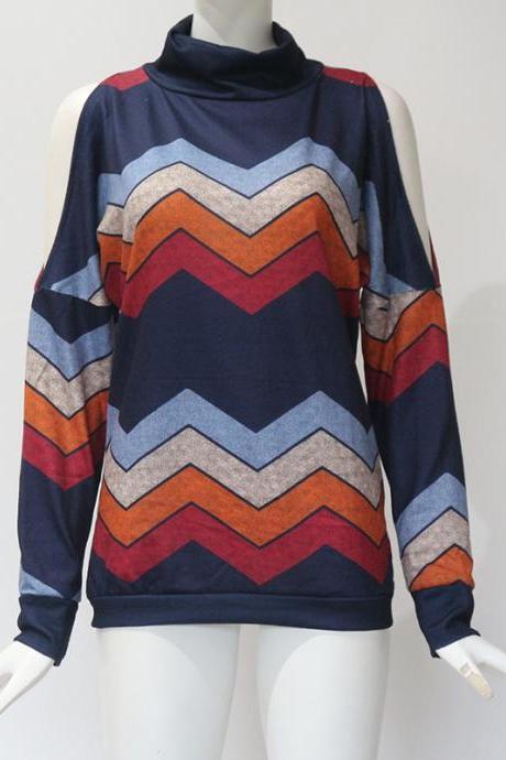 Women Knitted Sweater Off Shoulder Long Sleeve Casual Loose Turtleneck Geometric Printed Pullover Tops navy blue