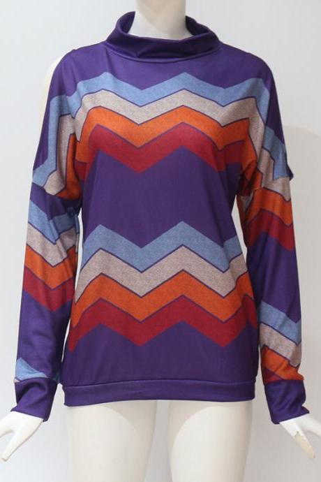 Women Knitted Sweater Off Shoulder Long Sleeve Casual Loose Turtleneck Geometric Printed Pullover Tops purple