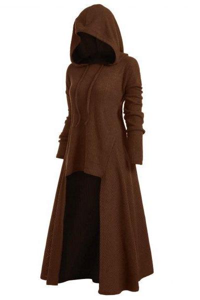  Women Asymmetrical Dress Gothic Long Sleeve Hooded Plus Size High Low Casual Dress coffee
