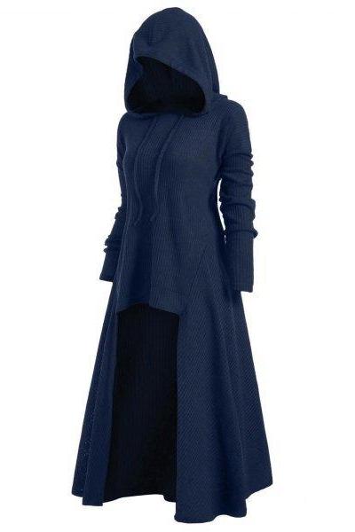  Women Asymmetrical Dress Gothic Long Sleeve Hooded Plus Size High Low Casual Dress navy blue